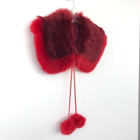 BP. Faux Fur Two-Tone Collar Featuring Pom Pom Ties in Red Burgundy One Size - Picture 2 of 3